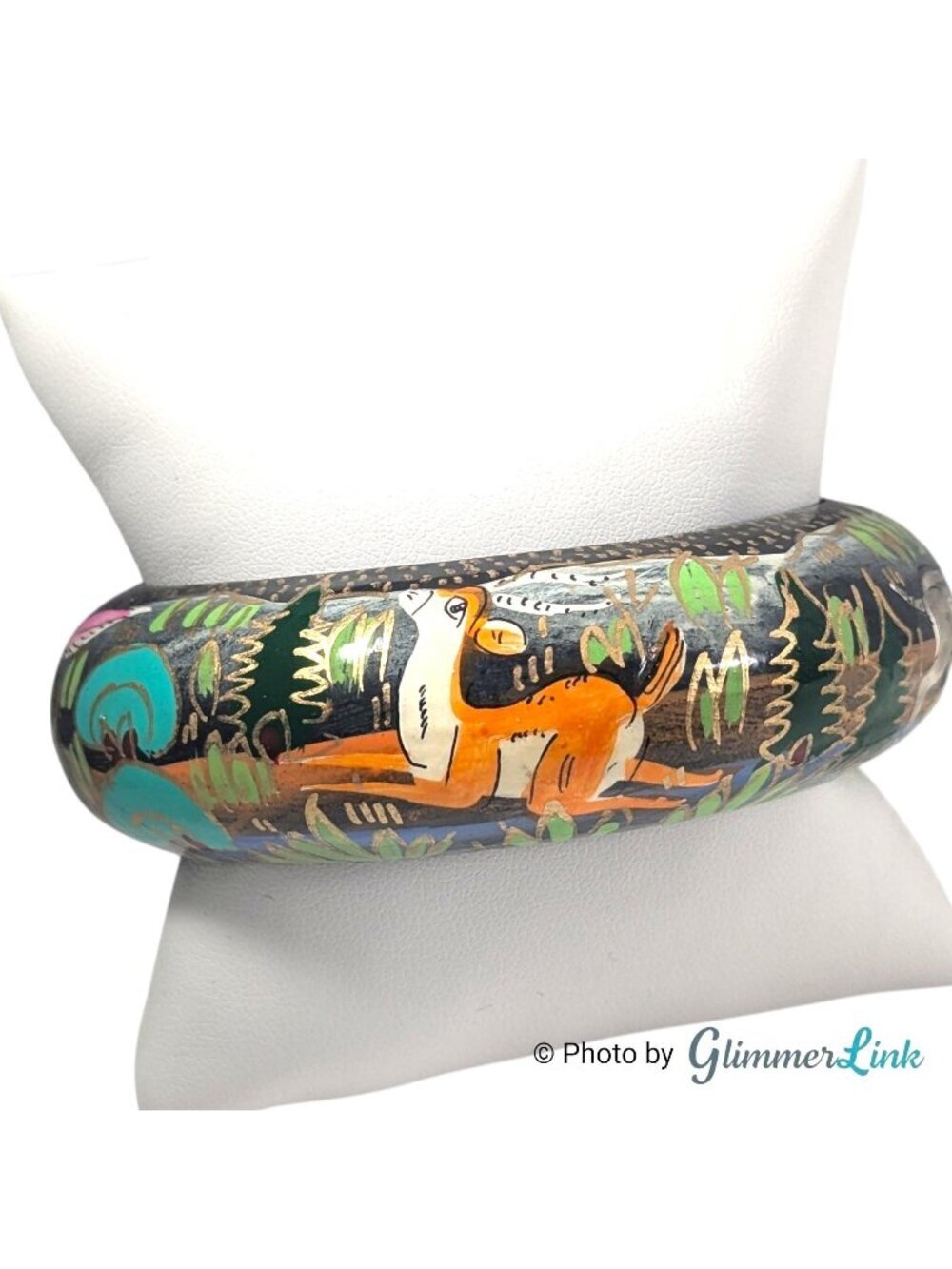 Vintage Kashmiri Papier Mache Bangle Deer Folk Art Bracelet